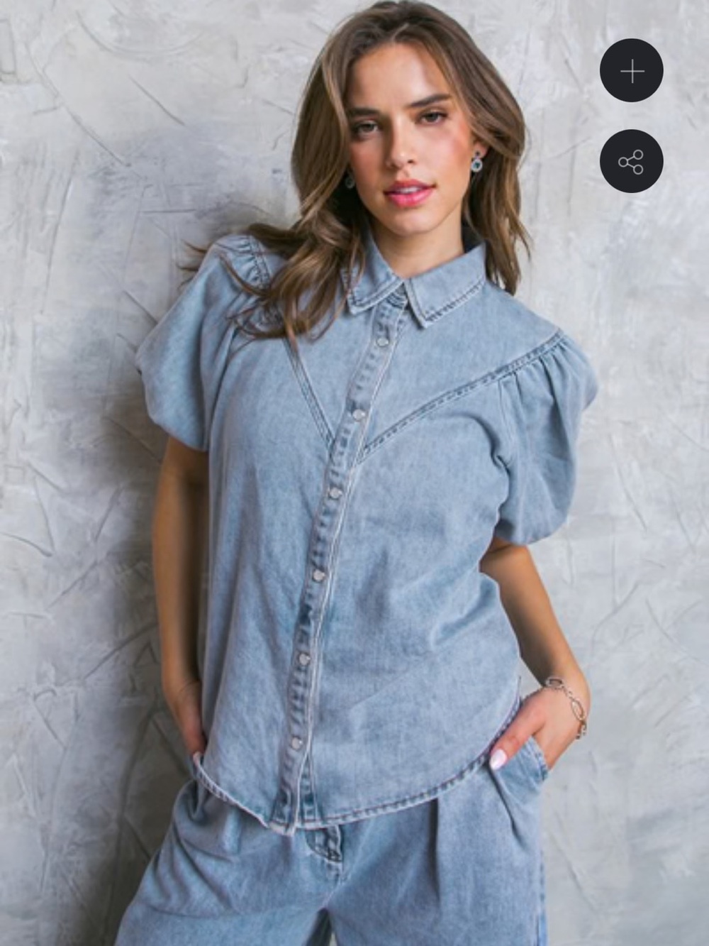 Vici Denim Western Style Pearl Snap Puff Short Sleeved Top